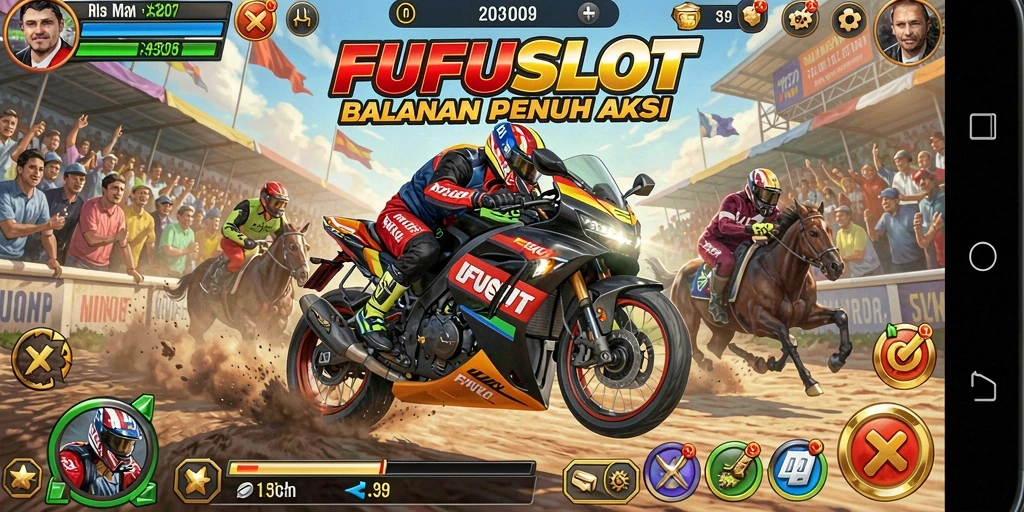 Screenshot FUFUSLOT menampilkan balapan motor yang seru dan penuh adrenalin.