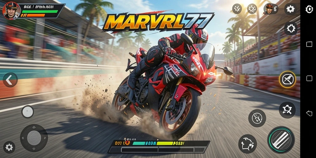 Tampilan gameplay MARVRL77 dengan balapan motor yang mendebarkan.